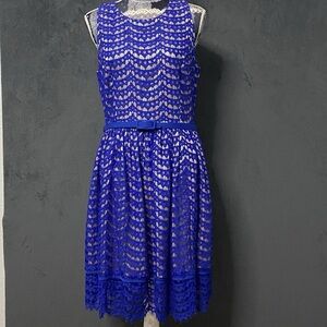 Eliza J Dress Womens 10 Fit & Flare Blue Lace Overlay Belted Nude Lining Pockets